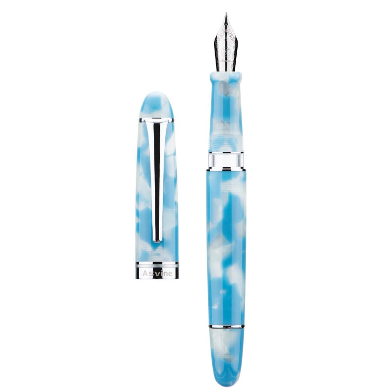 Asvine P50 Piston Fountain Pen Sky Blue Resin, Medium Nib Silver Trim Smooth Writer Collection with Pen Case Gift Set - Image 1