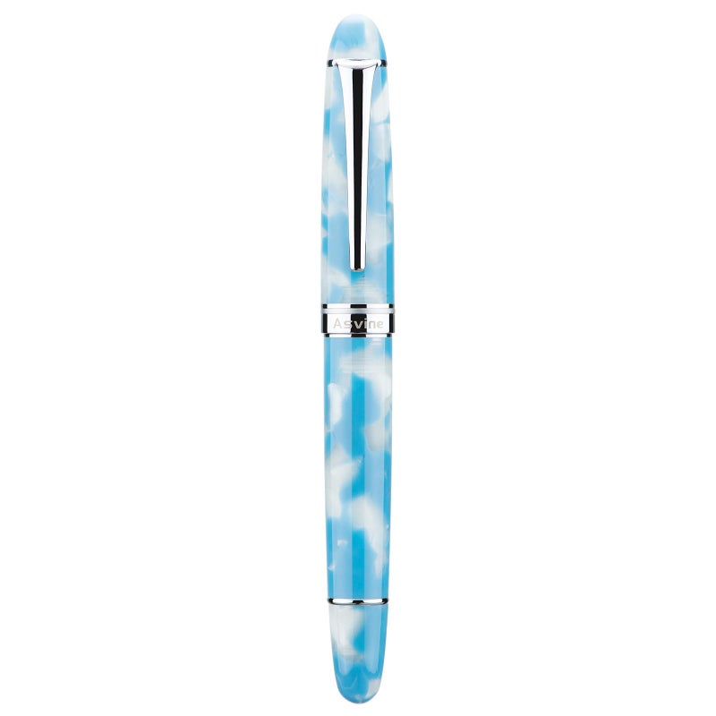Asvine P50 Piston Fountain Pen Sky Blue Resin, Medium Nib Silver Trim Smooth Writer Collection with Pen Case Gift Set - Image 2