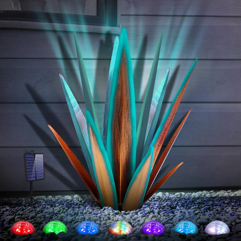 KODIBO Large Tequila Rustic Sculpture Rustic Metal Agave Plants for Outdoor Patio Yard Home Decor Hand Painted Metal Agave Garden Yard Statue Outdoor Lawn Ornaments Blue L WSolar Light