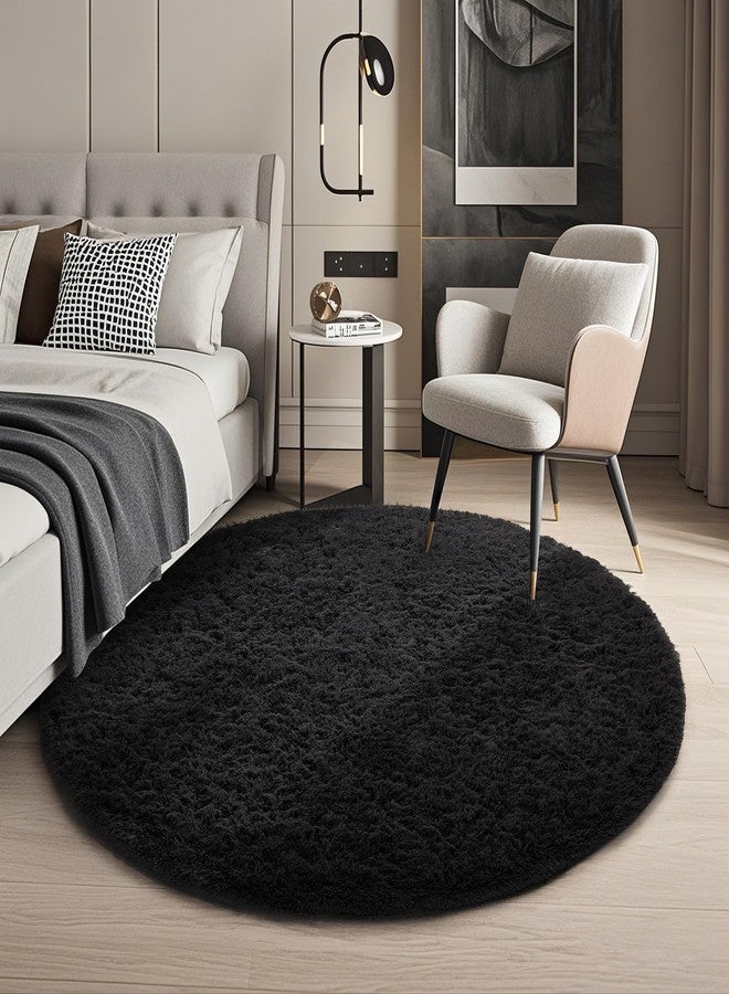 Ophanie Round Rug 4Ft Black Circle Area Rug, Room Decor for Men, Fluffy Fuzzy Bedroom Carpet, Plush Soft Shaggy Living Room Rugs for Kids Home Decor Aesthetic, Nursery - Image 1