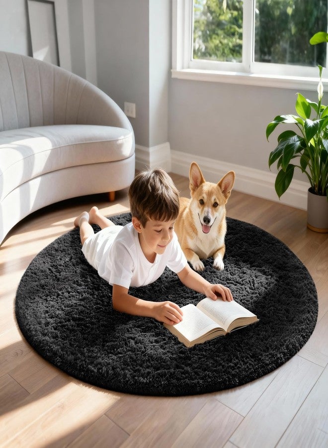 Ophanie Round Rug 4Ft Black Circle Area Rug, Room Decor for Men, Fluffy Fuzzy Bedroom Carpet, Plush Soft Shaggy Living Room Rugs for Kids Home Decor Aesthetic, Nursery - Image 3