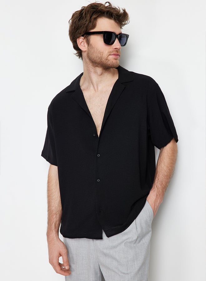trendyol Black Black Oversize Fit Summer Short Sleeve Linen Look Shirt Shirt TMNSS24GO00019 - Image 3