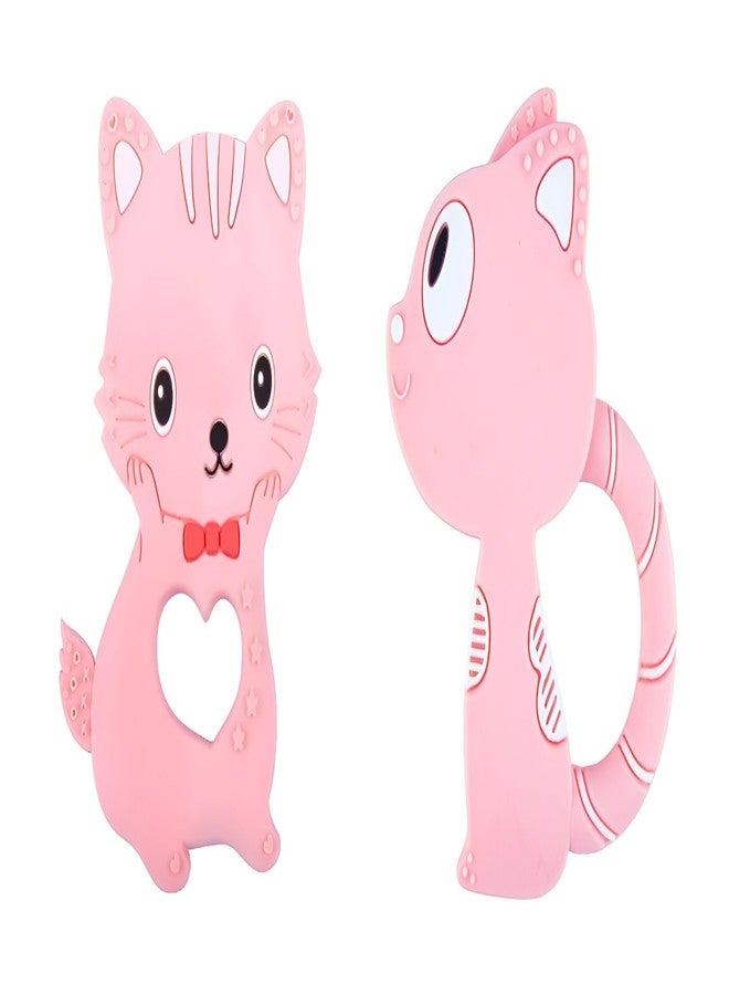 Rukan Teether 0 to 6 Months Baby Toys Multi Textured Soft Newborn Chew Toy for Soothe Gums, Perfect for 6 to 12 Months BPA Free, Easy to Clean - NO Choke Safe Design, Cat & Squirrel (Pink) 2-Pack - Image 1