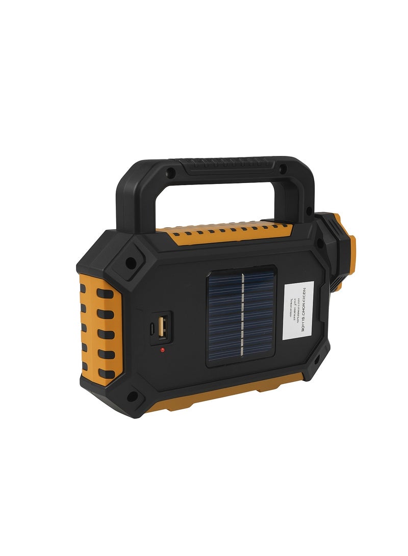 A versatile solar-powered and regular charging emergency flashlight used as a charging power bank with different light levels: strong, medium, and dim. It is equipped with a large internal battery that lasts for long periods of time after being fully charged. It features a fashionable design and all-factor resistant materials, and a handle that is comfortable to use. - Image 3