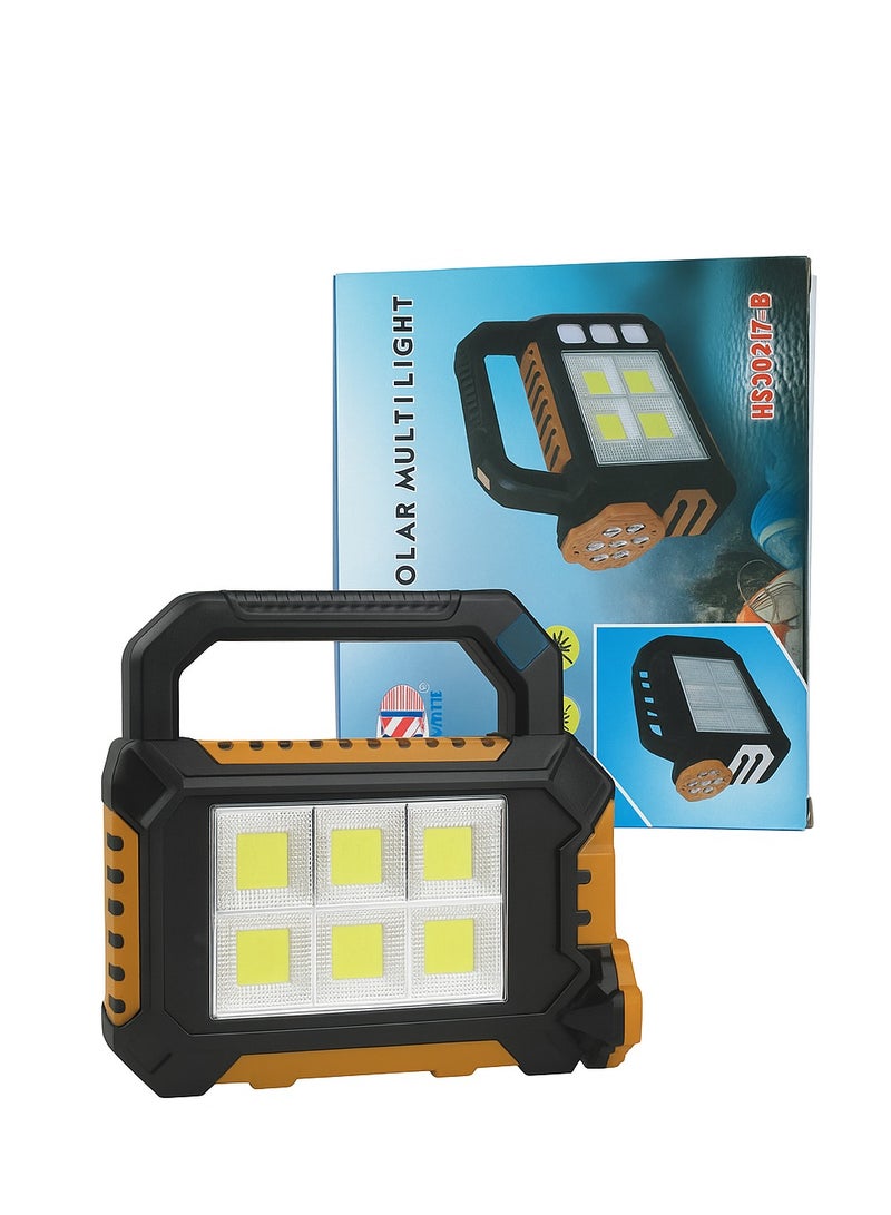 A versatile solar-powered and regular charging emergency flashlight used as a charging power bank with different light levels: strong, medium, and dim. It is equipped with a large internal battery that lasts for long periods of time after being fully charged. It features a fashionable design and all-factor resistant materials, and a handle that is comfortable to use. - Image 4