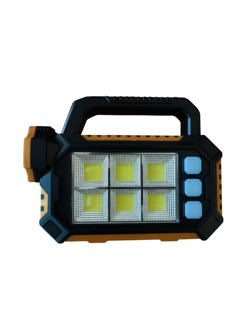 A versatile solar-powered and regular charging emergency flashlight used as a charging power bank with different light levels: strong, medium, and dim. It is equipped with a large internal battery that lasts for long periods of time after being fully charged. It features a fashionable design and all-factor resistant materials, and a handle that is comfortable to use. - Image 2