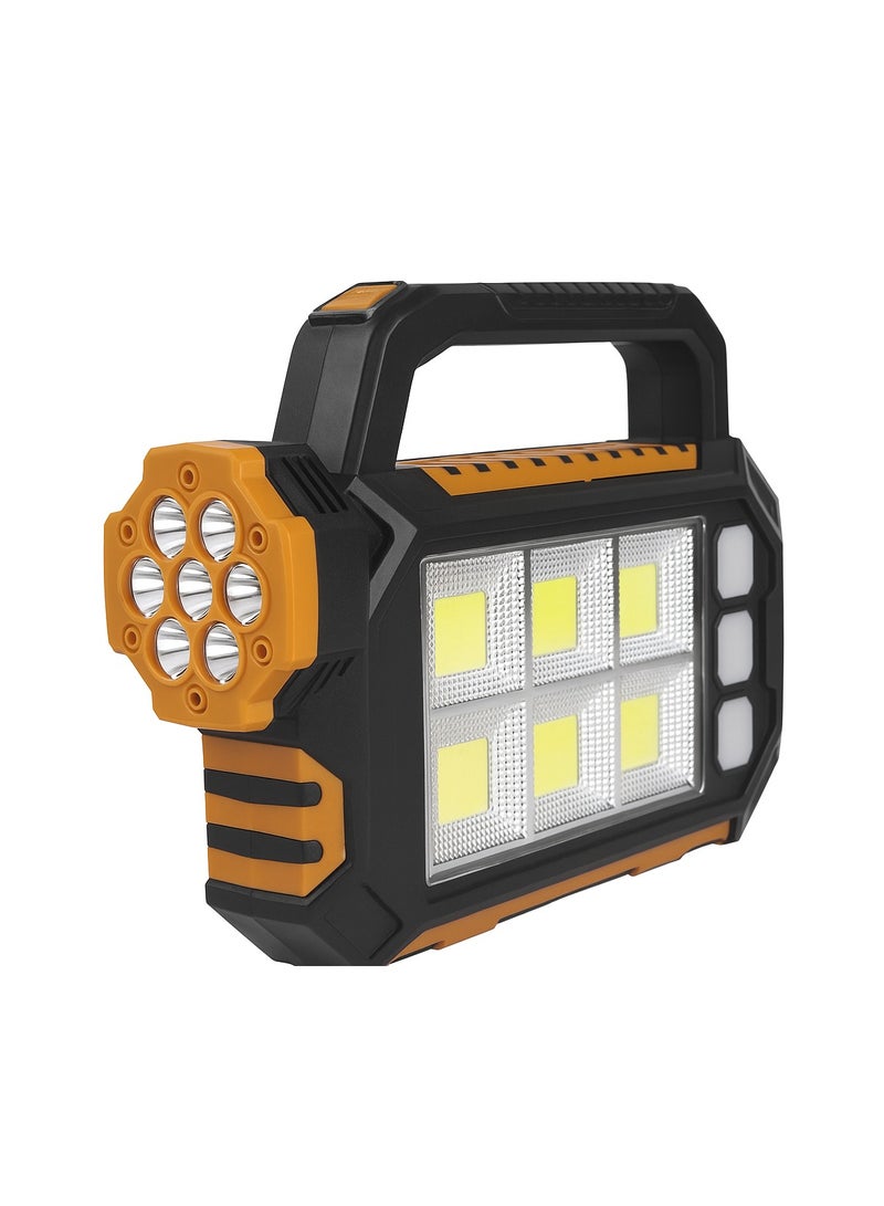 A versatile solar-powered and regular charging emergency flashlight used as a charging power bank with different light levels: strong, medium, and dim. It is equipped with a large internal battery that lasts for long periods of time after being fully charged. It features a fashionable design and all-factor resistant materials, and a handle that is comfortable to use. - Image 1