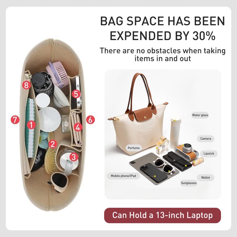 OAikor Felt Purse Organizer Insert for Longchamp Le Pliage L Tote Bag & M Handbag, Zipper Long Champ Bag Organizer Insert with Cup Holder, Women Bags Divider Shaper with 8 Compartments (Beige,L) - Image 3