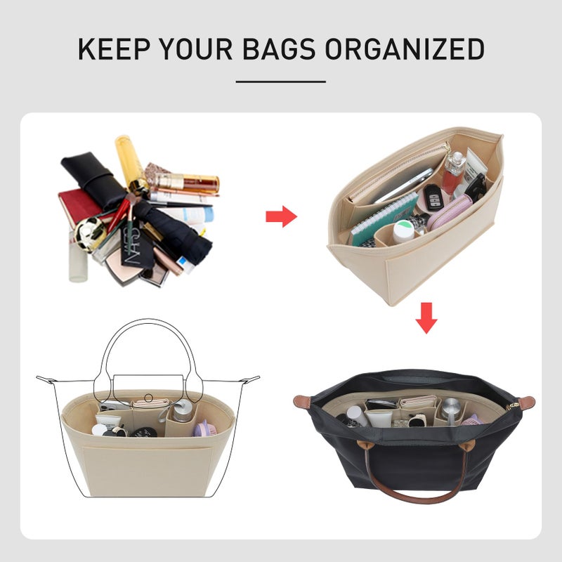 OAikor Felt Purse Organizer Insert for Longchamp Le Pliage L Tote Bag & M Handbag, Zipper Long Champ Bag Organizer Insert with Cup Holder, Women Bags Divider Shaper with 8 Compartments (Beige,L) - Image 5