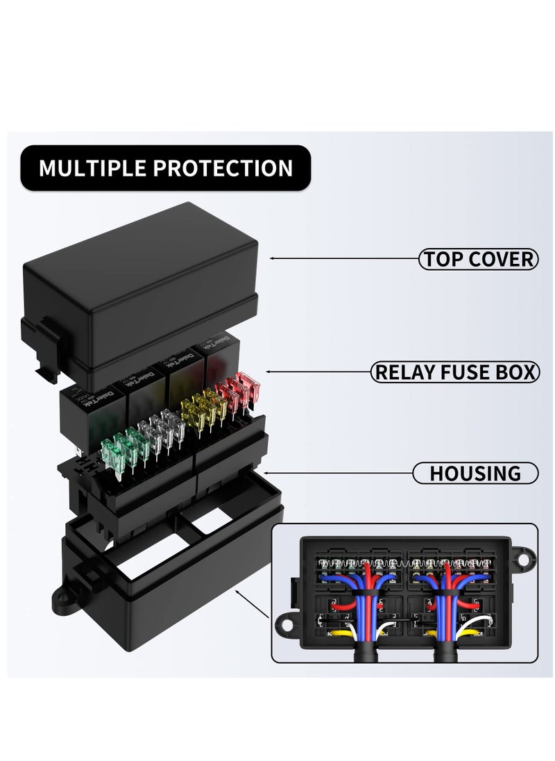 Generic - 12 Volt Fuse Relay Box Pre-Wired Fuse and Relay Box with 4 Relays and 12 Way ATC/ATO Fuses Sealed 12V Relay Fuse Box Block for Auto Car Marine Boat - Image 1