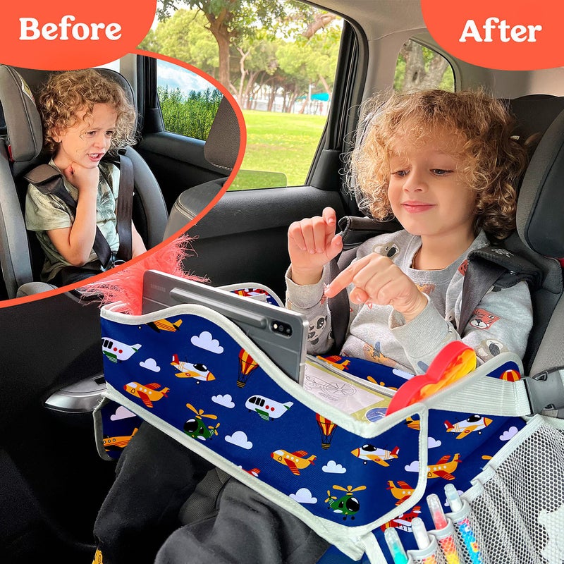 PILLANI Kids Travel Tray for Car - Toddler Airplane Travel Essentials w/ Activity Sheets, Pens & Dry Erase Board - Kids Travel - Must Have Toddler Lap Desk Organizer for Airplane - Travel Accessories - Image 3