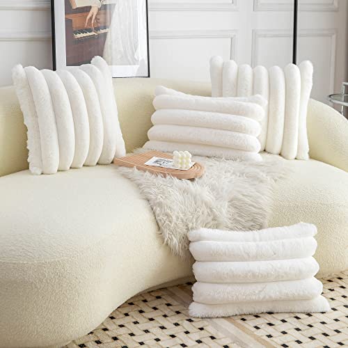 Neelvin Cream White Faux Fur Cozy Soft Striped Decorative Throw Pillow Covers 18x18 inch Set of 2,Velvet Pillowcase Cushion Case for Sofa Couch - Image 4