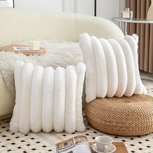 Neelvin Cream White Faux Fur Cozy Soft Striped Decorative Throw Pillow Covers 18x18 inch Set of 2,Velvet Pillowcase Cushion Case for Sofa Couch - Image 3