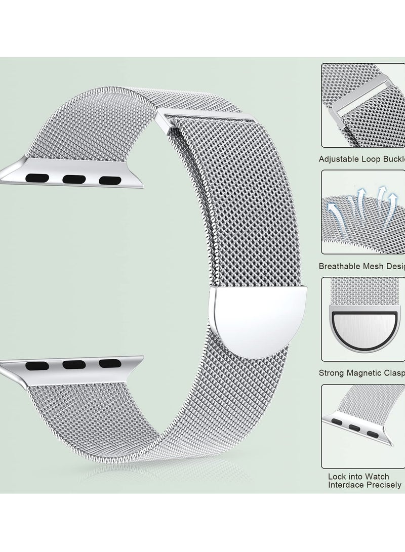 أنيوغرو متوافق مع سوار ساعة Apple Watch 42 مم 41 مم 41 مم 40 مم 40 مم 38 مم للنساء والرجال، سوار معصم مغناطيسي من الفولاذ المقاوم للصدأ معدني متوافق مع iWatch Series 10 9 9 8 8 7 6 6 5 4 4 3 2 1 SE فضي - Image 2