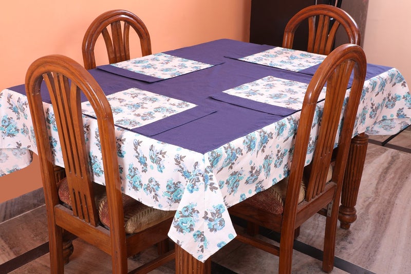Dekor World Floral Printed Blue Table Cover with Place Mat (Pack of 9) - Image 1