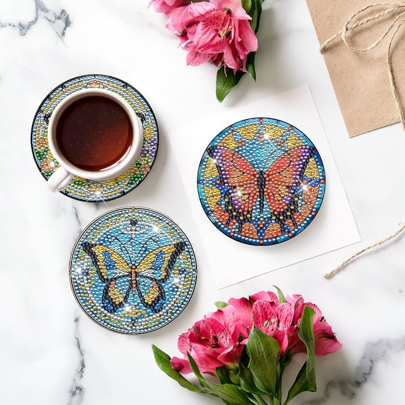 INCOK Butterfly Diamond Art Painting Coasters - 8 PCS Colorful Glass Diamond Art Kits for Adult DIY Drink Coffee Coaster Art Craft Supplies Birthday Christmas Xmas Gift for Women Beginners - Image 4
