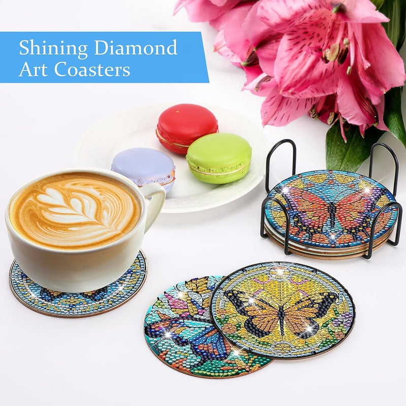 INCOK Butterfly Diamond Art Painting Coasters - 8 PCS Colorful Glass Diamond Art Kits for Adult DIY Drink Coffee Coaster Art Craft Supplies Birthday Christmas Xmas Gift for Women Beginners - Image 5