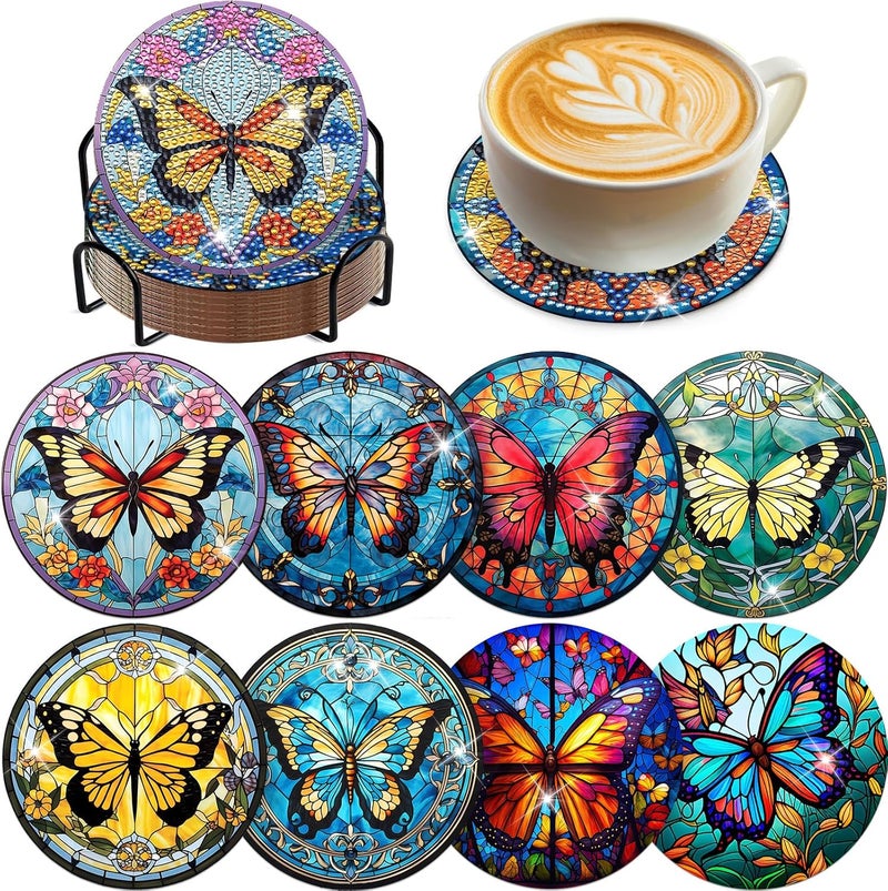INCOK Butterfly Diamond Art Painting Coasters - 8 PCS Colorful Glass Diamond Art Kits for Adult DIY Drink Coffee Coaster Art Craft Supplies Birthday Christmas Xmas Gift for Women Beginners - Image 1