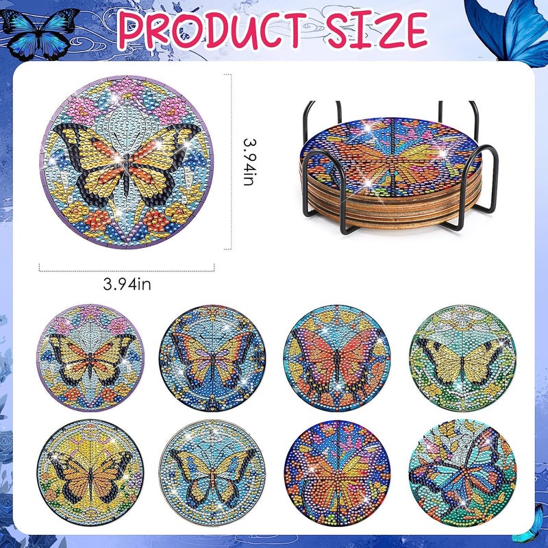 INCOK Butterfly Diamond Art Painting Coasters - 8 PCS Colorful Glass Diamond Art Kits for Adult DIY Drink Coffee Coaster Art Craft Supplies Birthday Christmas Xmas Gift for Women Beginners - Image 2