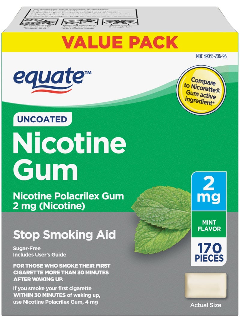 Equate UNCoated Nicotine Polacrilex Gum 2 mg, Mint Flavor, 170 Count