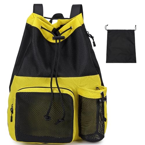 Lohol Large Mesh Drawstring Backpack with Shoe Bag Durable Swimming String Sack with Handle for Sports Gym Yoga Beach Travel Yellow - Image 1