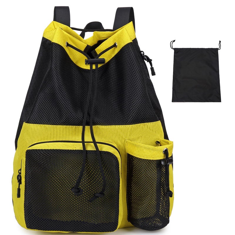 Lohol Large Mesh Drawstring Backpack with Shoe Bag Durable Swimming String Sack with Handle for Sports Gym Yoga Beach Travel Yellow - Image 2