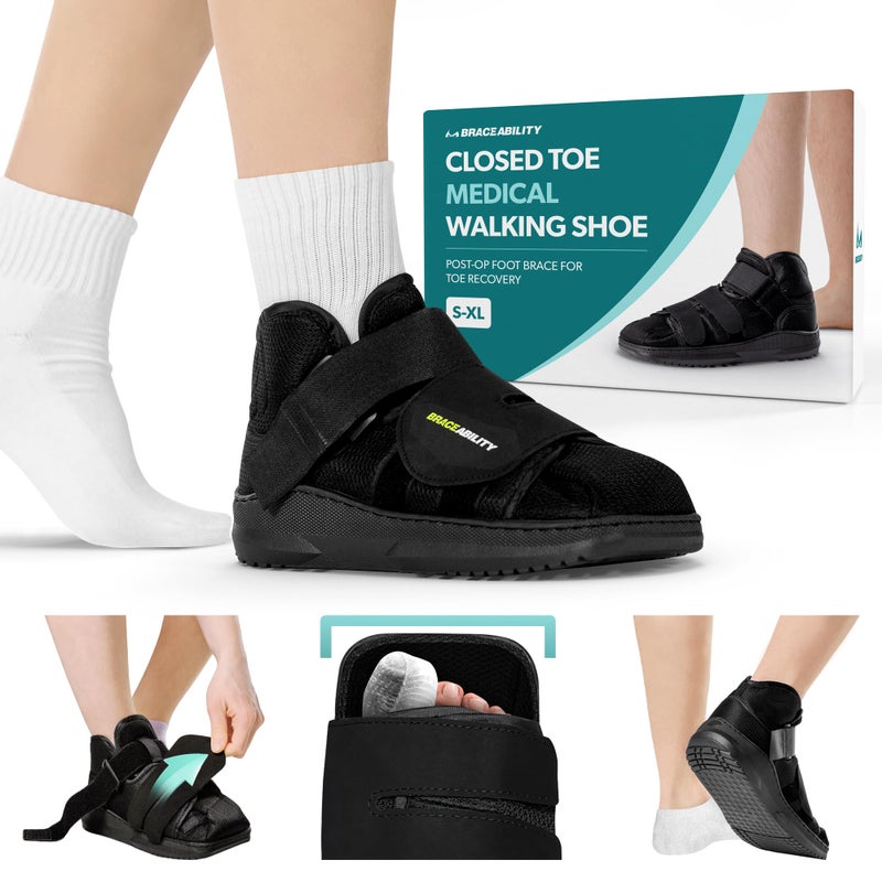 BraceAbility Closed Toe Medical Walking Shoe Lightweight Broken Toe Cast Boot Fractured Foot Brace for Metatarsal Stress Fracture Postop Bunion Hammertoe Recovery For Men or Women L