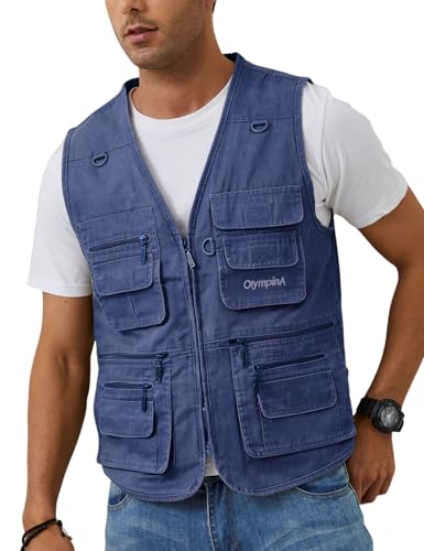 Gihuo Men's Fishing Vest Casual Utility Travel Safari Cargo Outdoor Work Photo Fly Vest Jacket with Multi Pockets (M, Denim) - Image 1
