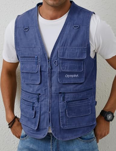 Gihuo Men's Fishing Vest Casual Utility Travel Safari Cargo Outdoor Work Photo Fly Vest Jacket with Multi Pockets (M, Denim) - Image 3