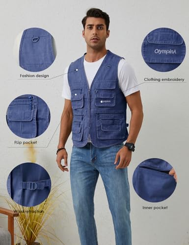 Gihuo Men's Fishing Vest Casual Utility Travel Safari Cargo Outdoor Work Photo Fly Vest Jacket with Multi Pockets (M, Denim) - Image 5