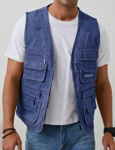 Gihuo Men's Fishing Vest Casual Utility Travel Safari Cargo Outdoor Work Photo Fly Vest Jacket with Multi Pockets (M, Denim) - Image 2