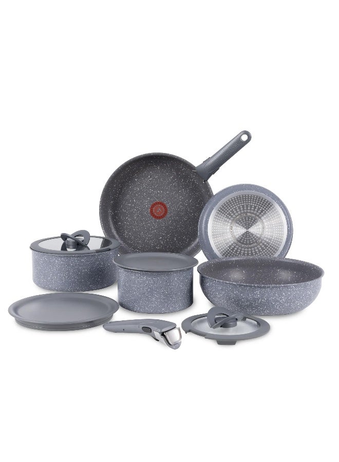 T-fal Ingenio Essentials, Granite Nonstick 11 Piece Pots and Pans Cookware Set, Granite, Detachable Handle, Induction Oven Broiler Safe, RV Kitchen Compatible, Grey Granite - Image 1