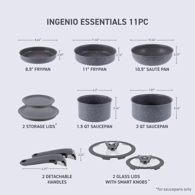 T-fal Tefal Ingenio Essentials Cookware Set with Detachable/Removable Handle 11 Piece, Granite Titanium Non Stick, Induction, Oven Broiler Safe 500F, Stackable, Pots and Pans Set, RV Camping, Fry Pans Gray - Image 2