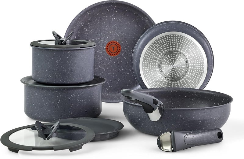 T-fal Tefal Ingenio Essentials Cookware Set with Detachable/Removable Handle 11 Piece, Granite Titanium Non Stick, Induction, Oven Broiler Safe 500F, Stackable, Pots and Pans Set, RV Camping, Fry Pans Gray - Image 1