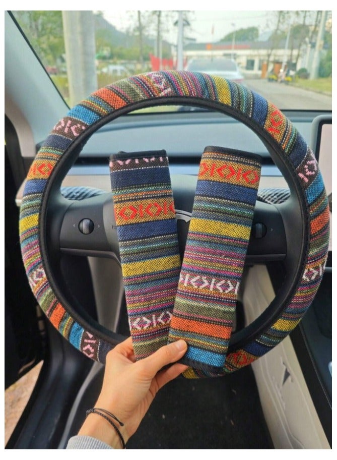 Generic Car Decorations Bohemian Woven Fabric Car Accessories Set 3pcs 1 Steering Wheel Cover 2 Front Seat Belt Covers for Car Interior Decoration and Protection - Image 1