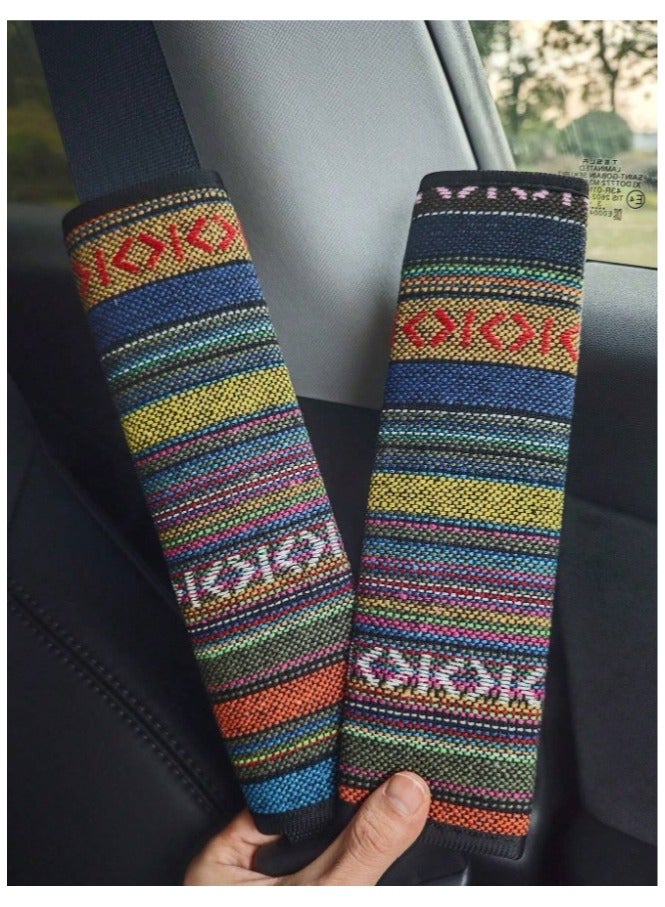 Generic Car Decorations Bohemian Woven Fabric Car Accessories Set 3pcs 1 Steering Wheel Cover 2 Front Seat Belt Covers for Car Interior Decoration and Protection - Image 3