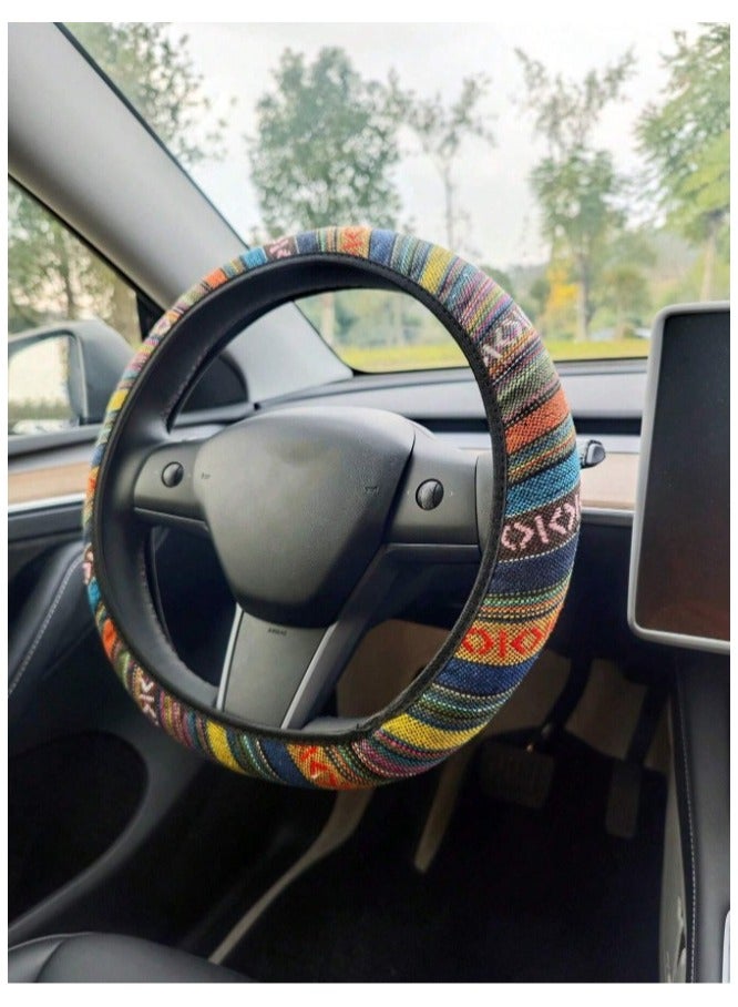 Generic Car Decorations Bohemian Woven Fabric Car Accessories Set 3pcs 1 Steering Wheel Cover 2 Front Seat Belt Covers for Car Interior Decoration and Protection - Image 4