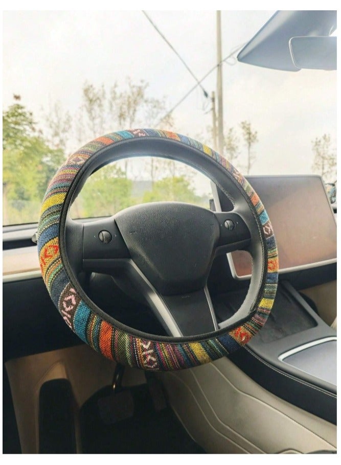 Generic Car Decorations Bohemian Woven Fabric Car Accessories Set 3pcs 1 Steering Wheel Cover 2 Front Seat Belt Covers for Car Interior Decoration and Protection - Image 2