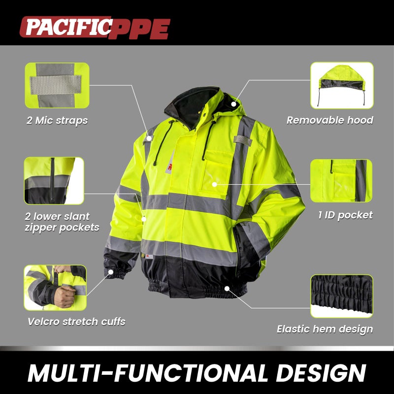 PACIFIC PPE Waterproof Reflective Jackets, Class 3 High Visibility Safety Jackets for Men, Polar Fleece Shell Work Construction Bomber Coats for Cold Weather, Black Bottom, XX-Large - Image 5