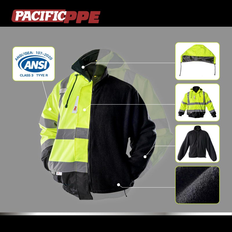 PACIFIC PPE Waterproof Reflective Jackets, Class 3 High Visibility Safety Jackets for Men, Polar Fleece Shell Work Construction Bomber Coats for Cold Weather, Black Bottom, XX-Large - Image 4