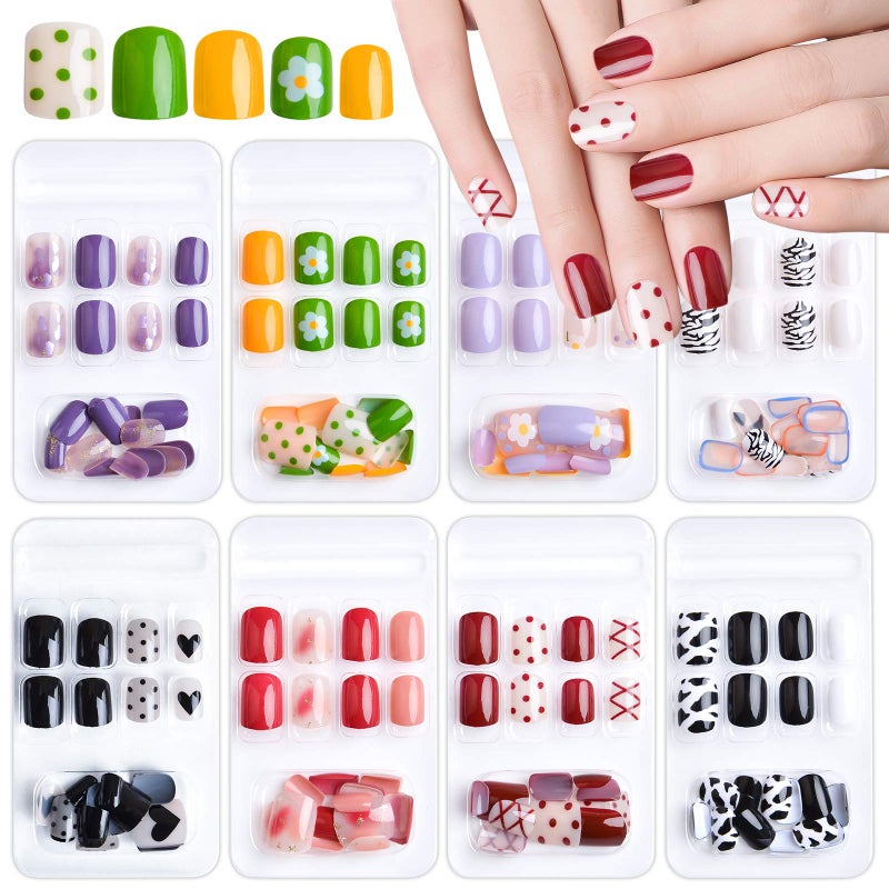 192 Pcs Short Square Press On False Nails With Design TOROKOM Full Cover Artificial Fake Nails Short Fingernails Colorful