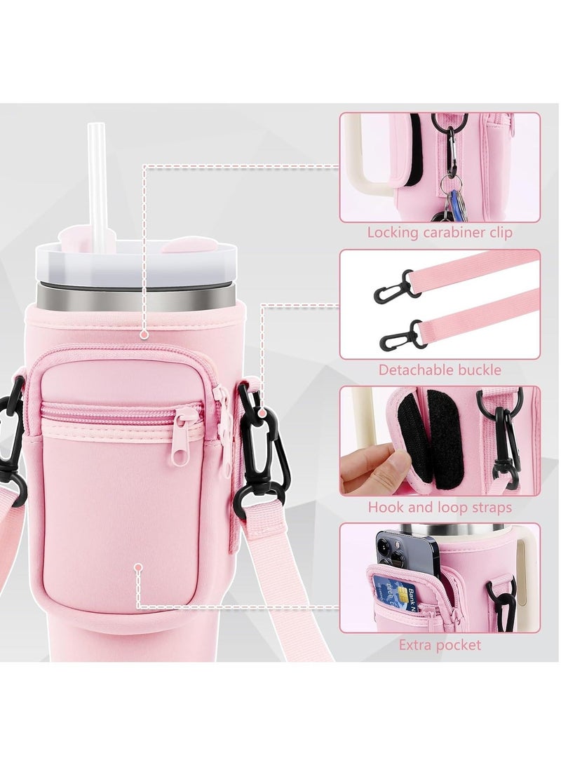 Beauenty Water Bottle Carrier Bag for Stanley 40oz Tumbler, Holder with Pouch and Adjustable Strap, Sleeve Accessories Pocket Cup (Pink) - Image 3