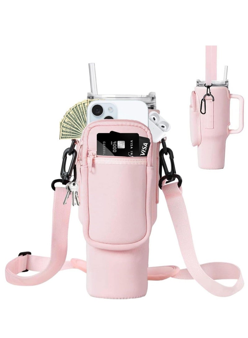 Beauenty Water Bottle Carrier Bag for Stanley 40oz Tumbler, Holder with Pouch and Adjustable Strap, Sleeve Accessories Pocket Cup (Pink) - Image 1