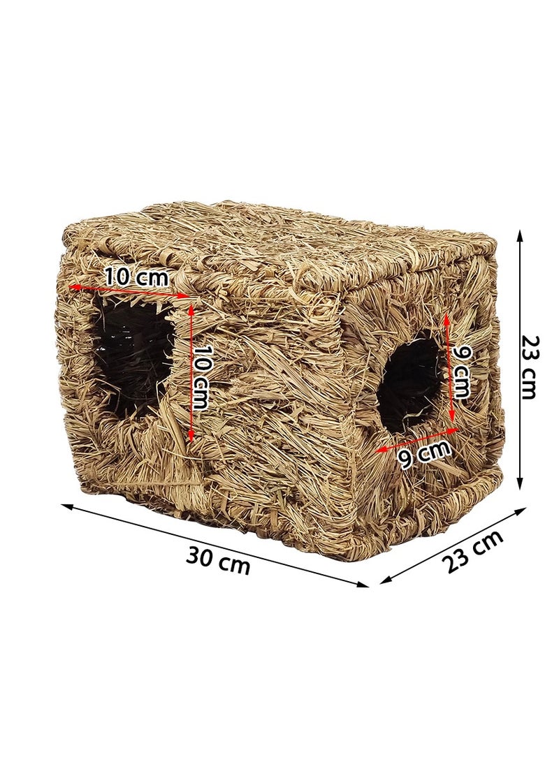 ماچيباو كوخ من القش المنسوج مع عشب طبيعي، آمن ومريح، حصيرة من العشب الطبيعي، منزل عشبي صديق للبيئة للأرانب والقوارض وخنزير غينيا والحيوانات الأليفة الصغيرة، حصيرة عشبية محمولة وقابلة للطي، 30 سم (بيج) - Image 2
