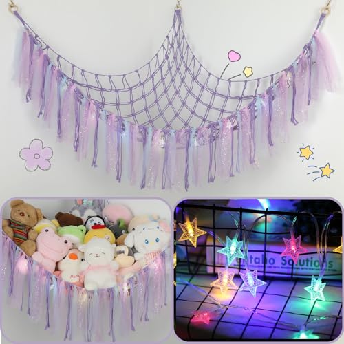 YELIENM Stuffed Animal Hammock with LED Lights  59 Inch Large Toy Storage Net for Kids Bedroom WallMounted Plush Organizer with Wooden Rings Nursery Decor Handwoven Purple