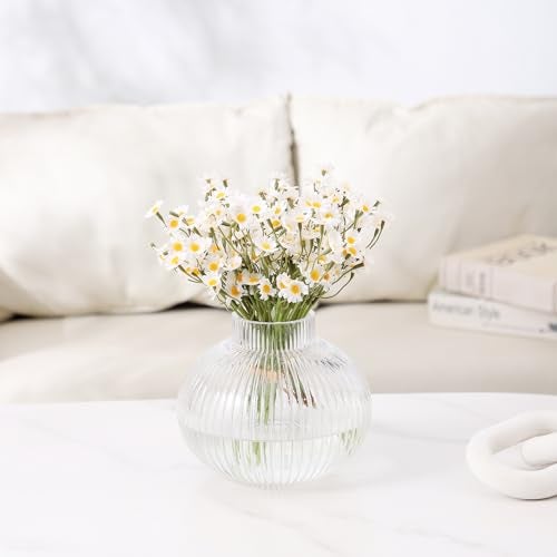 YANWE1 Round Glass Vase, Flower Vases for Bouquet, Ribbed Glass Vases for Flowers, Small Clear Vase for Living Room, Office, Coffee Table, Shelf, Wedding, 6 Inches - Image 3