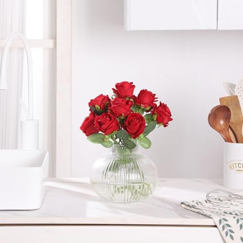 YANWE1 Round Glass Vase, Flower Vases for Bouquet, Ribbed Glass Vases for Flowers, Small Clear Vase for Living Room, Office, Coffee Table, Shelf, Wedding, 6 Inches - Image 5