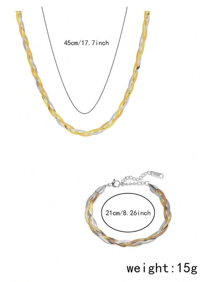 veya Stainless Steel Snake Chain And Bracelet Set – Hand-Woven 3-Color Design - Image 2