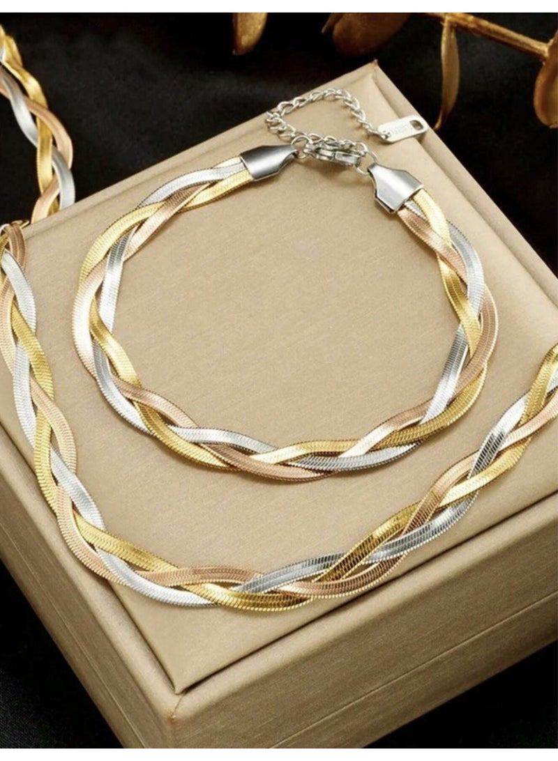 veya Stainless Steel Snake Chain And Bracelet Set – Hand-Woven 3-Color Design - Image 1