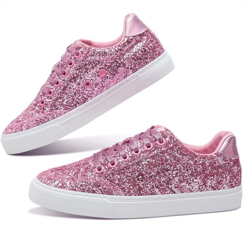 Jeekopeg Glitter Sparkly Fashion Sneakers Shiny Casual Shoes Bling Sequin Concert Low Cut Lace up Shoes(Pink Glitter,9 Women/7.5Men) - Image 1